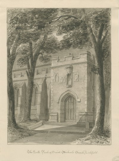 Lichfield - Portico Nord della Chiesa di San Michele (disegno a seppia) da John Chessell Buckler