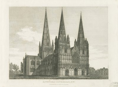 Cattedrale di Lichfield - Facciata Ovest: incisione, nd [c 1820] da John Chessell Buckler