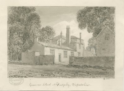Rugeley Town - Scuola di Grammatica (disegno a seppia, 1824) da John Chessell Buckler