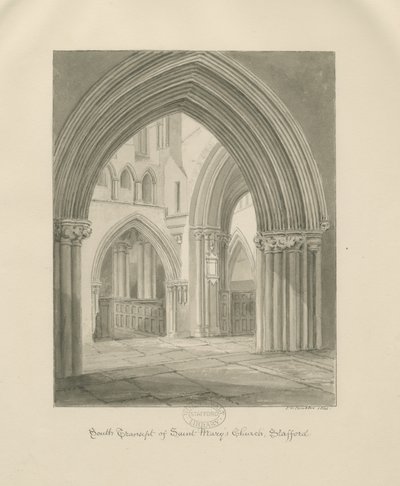 Stafford - Interno della Chiesa di Santa Maria: disegno a seppia da John Chessell Buckler