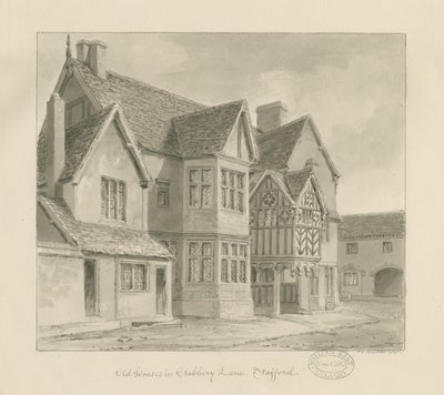 Stafford - Vecchie Case in Crabbery Lane (disegno a seppia, 1841) da John Chessell Buckler