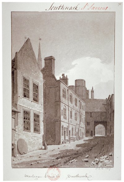 Veduta verso il portale di Montague House, Southwark, Londra, 1827 da John Chessell Buckler