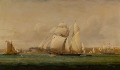 Un brigantino a vela, due cutter del Royal Yacht Squadron e una nave mercantile americana da John Christian Schetky