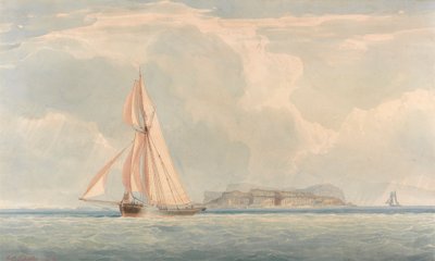 Barca che naviga a sinistra con isola sullo sfondo da John Christian Schetky