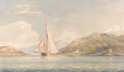 Barca che naviga a sinistra con montagne sullo sfondo da John Christian Schetky