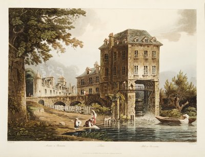Mulino a Charenton, illustrazione da Versailles, Parigi e Saint Denis, pub. 1807 (acquatinta) da John Claude after Nattes