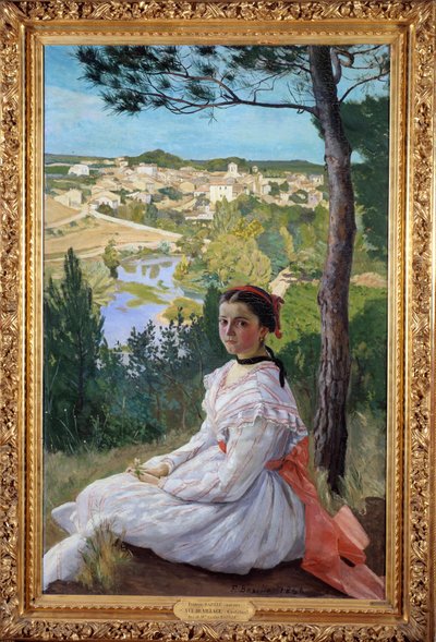 Veduta del villaggio. Giovane ragazza che posa in un paesaggio della Provenza da John Clayton Adams