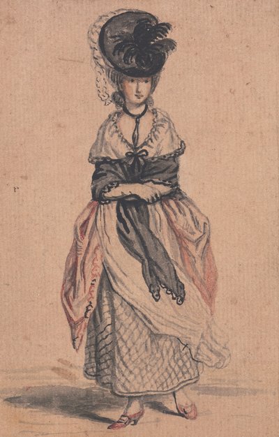 Una signora di moda con scialle nero e scarpe rosse da John Collet