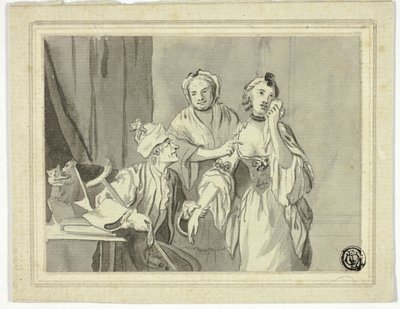 Illustrazione letteraria: Un uomo anziano trattiene una giovane donna accompagnata da una donna più anziana da John Collet