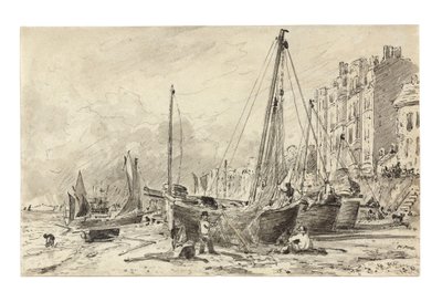 Barche da pesca arenate con pescatori che riparano le reti sulla spiaggia a Brighton, guardando a ovest, c.1824-28 da John Constable
