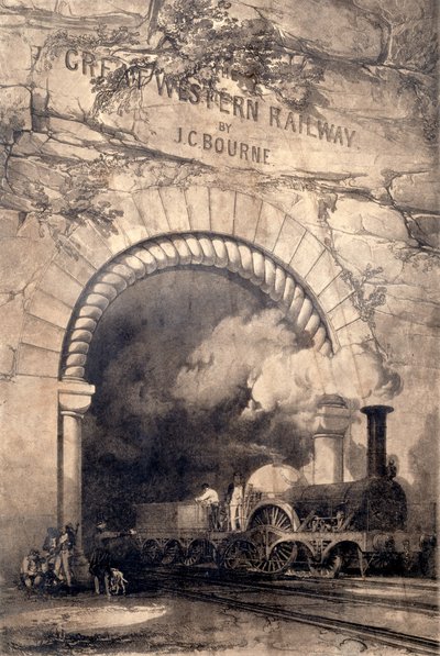 Locomotiva Acheron 2-2-2 che emerge da un tunnel vicino a Bristol, frontespizio di The History and Description of the Great Western Railway, 1846 da John Cooke Bourne