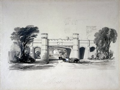 Ponti ferroviari di Rugby visti dalla strada, Warwickshire, aprile 1839 da John Cooke Bourne