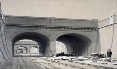 Vista vicino alla Stazione di Euston con tre sovrappassi, settembre 1837 da John Cooke Bourne