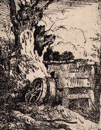 Ruote di carro vicino a un albero, pub. da J. & W. Freeman da John Crome