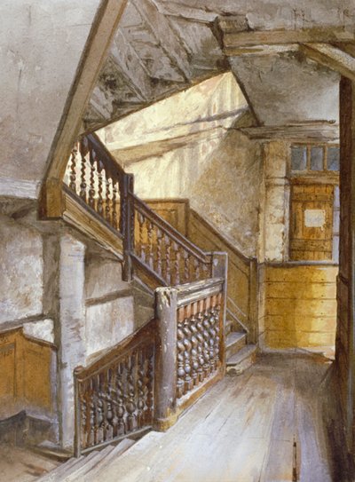 Vista interna di una scala in una casa a White Lion Court, Westminster, Londra, 1880 da John Crowther