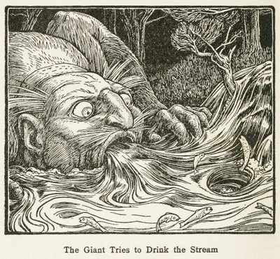 Il gigante cerca di bere dal ruscello, da Il libro delle fiabe di Europa, pub. 1916 (incisione) da John Dickson Batten