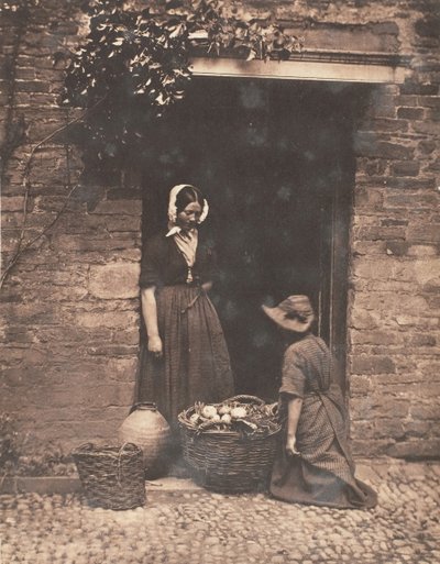 [Due donne, una inginocchiata e una in piedi, che guardano in un cesto pieno di verdure] da John Dillwyn Llewelyn