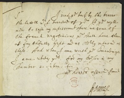 Lettera autografa di John Donne a Sir Robert Cotton, scritta dalla prigione, 20 febbraio 1601 da John Donne
