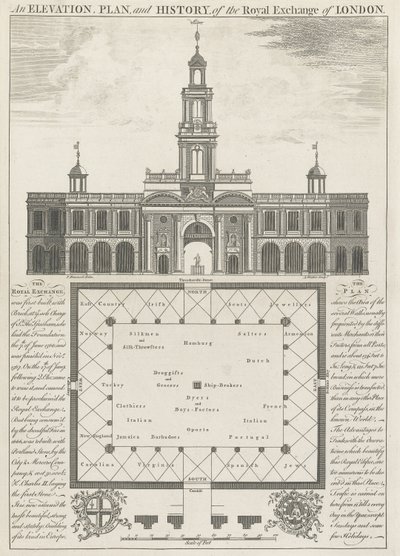 Elevazione, pianta e storia della Royal Exchange di Londra da John Donowell