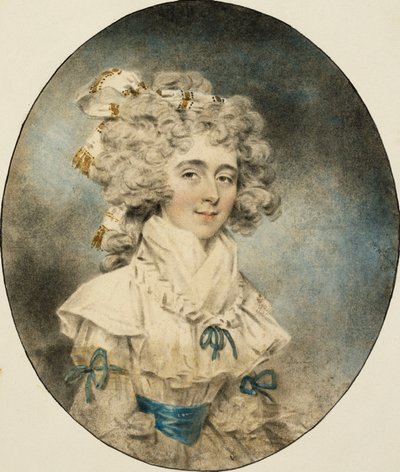 Ritratto della signora Fisher, a mezzo busto, con un vestito bianco adornato con nastri blu, 1788 da John Dowman