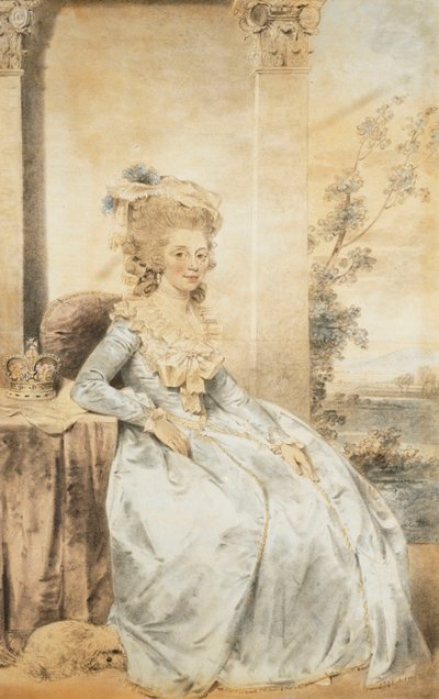 Ritratto della regina Carlotta, seduta a un tavolo con un paesaggio oltre, 1784 da John Dowman