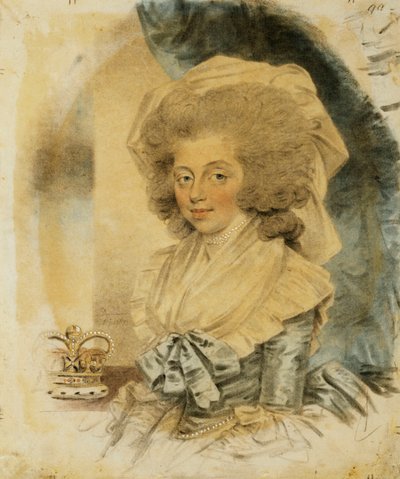 Ritratto della regina Charlotte, piccolo mezzo busto con un vestito blu e bianco, la sua corona accanto a lei, 1787 da John Dowman
