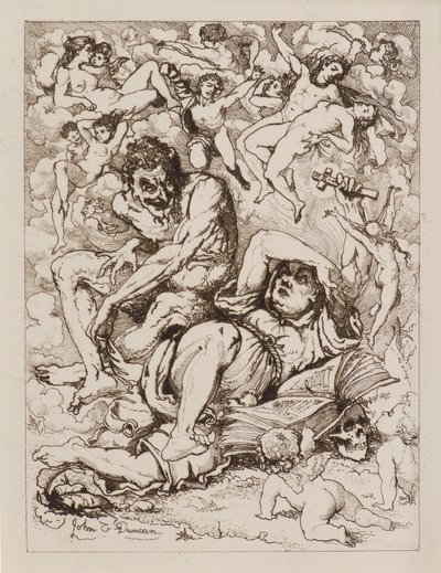 Figura reclinata che tiene una croce, il diavolo seduto vicino circondato da figure fluttuanti da John Duncan