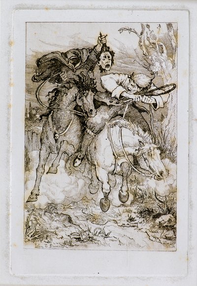 Due cavalieri al galoppo [uno che porta la propria testa] (incisione) da John Duncan