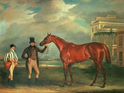 Generale Chasse, un Cavallo da Corsa Baio tenuto dal suo Allenatore, con il suo Fantino, J. Holmes, in piedi sull