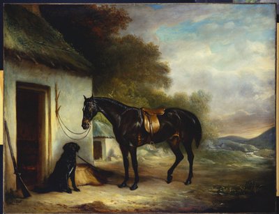 Il cacciatore preferito del signor Stuart, Vagabond, e il suo retriever a pelo piatto, Nell, vicino alla porta di un cottage, 1867 da John E. Ferneley