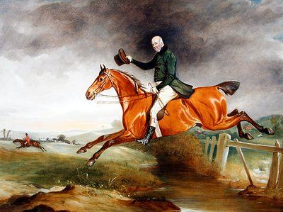 Ritratto di George Marriott sul suo cavallo baio che salta una staccionata con una caccia oltre da John E. Ferneley