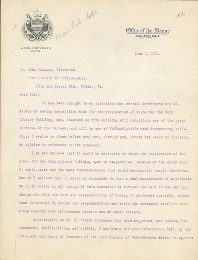 Lettera del sindaco John Reyburn al bibliotecario John Thomson che approva Horace Trumbauer come architetto dell