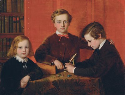 I giovani microscopisti: Ritratto di Frank, Harry e Arthur Izod Richards, di 10, 8 e 5 anni, che giocano con un microscopio da John Edgar Williams