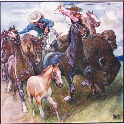 Via andava - bufalo selvaggio - cavallo selvaggio e cacciatore selvaggio da John Edwin Noble
