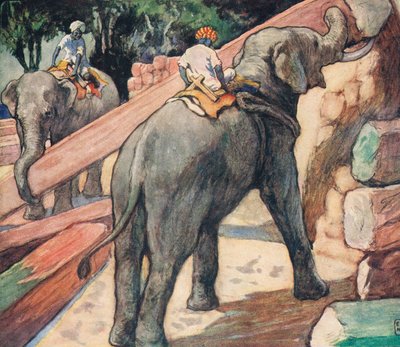 Elefanti che maneggiano tronchi, illustrazione da 