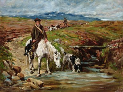 Cavallo e spaniel che bevono da un ruscello da John Emms