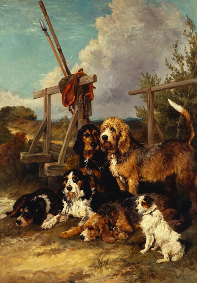 Cani da lontra vicino a un ponte - Esausti, 1881 da John Emms