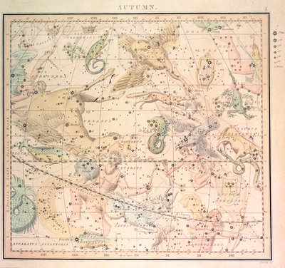 Carta celeste: Autunno, con segni dello zodiaco e posizioni delle stelle (incisione) da John Emslie