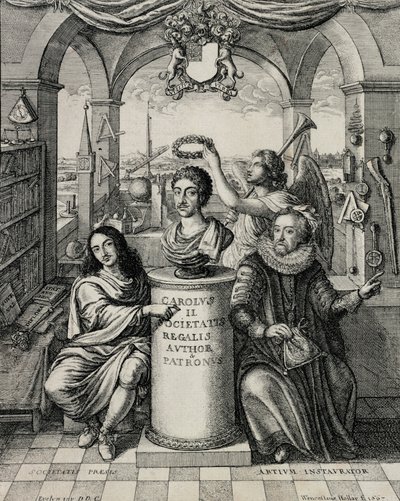 Carlo II (1630-85) come patrono della Royal Society, inciso da Wenceslaus Hollar, 1667 da John Evelyn