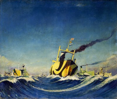 Un convoglio di navi il cui scafo è coperto da motivi usati per il camuffamento durante la Prima Guerra Mondiale da John Everett