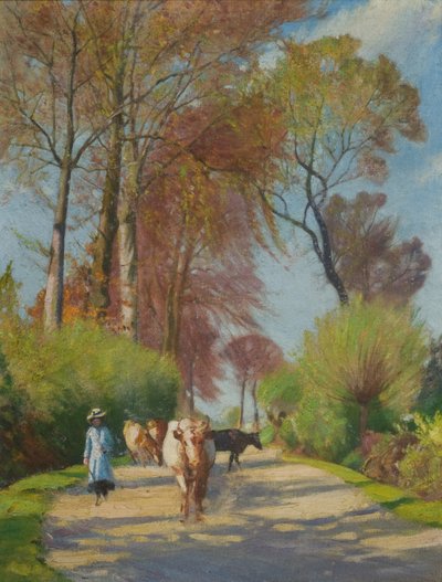 Strada di campagna con figura e mucca da John Everett