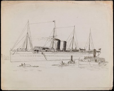 Nave a vapore vicino a una costa con rimorchiatore accanto. Transatlantico con rimorchiatore e piroscafo a pale Tilbury nelle vicinanze da John Everett
