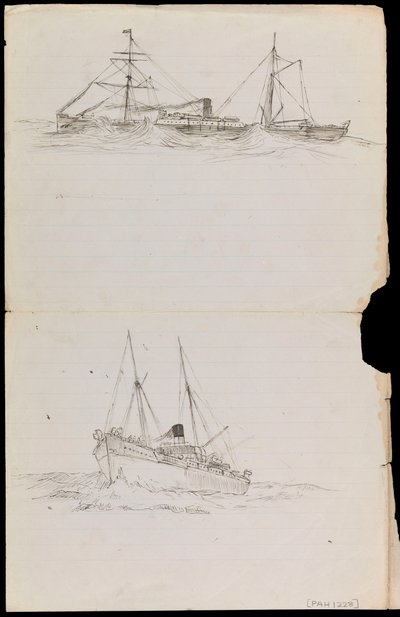 Schizzi di una nave da guerra e di altre due navi della Royal Navy da John Everett