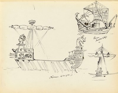 Schizzo di una nave da guerra romana, parte di una nave mercantile romana e una nave con vela spiegata, inizio XX secolo da John Everett