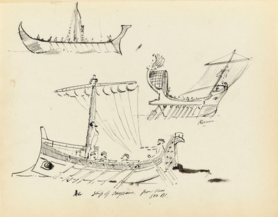 Schizzi di antiche navi tra cui una nave a vela e remi romana e la nave di Ulisse, 500 a.C. da John Everett