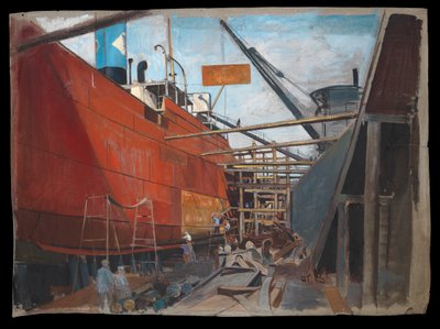 Nave a vapore in bacino di carenaggio con operai che dipingono lo scafo da John Everett