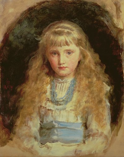 Ritratto di Beatrice Caird con un vestito bianco e una fascia blu da John Everett Millais