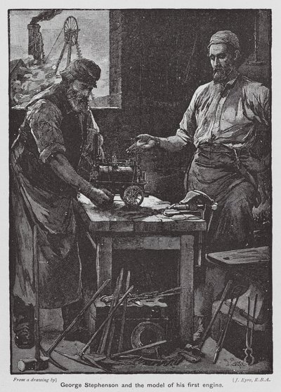 George Stephenson e il modello della sua prima locomotiva da John Eyre