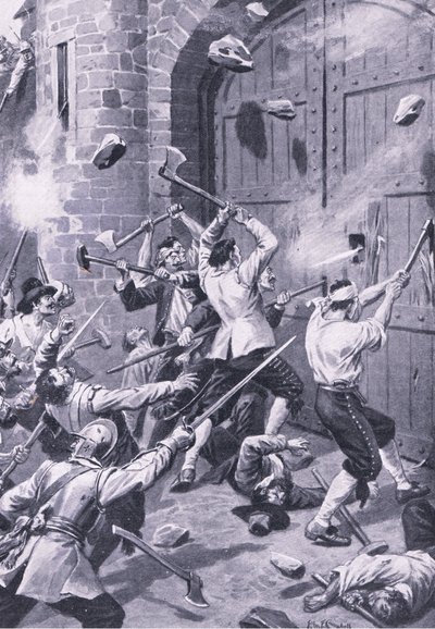 Il sacco di Dundee 1 settembre 1651: marinai inglesi attaccano il Wellgate Port, illustrazione da 