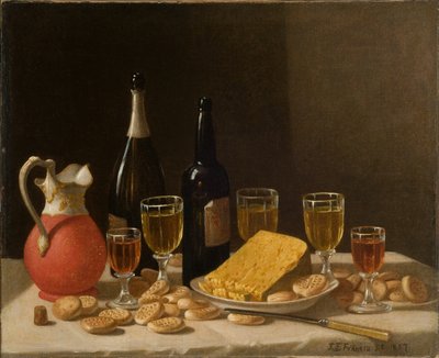 Natura morta con bottiglie, vino e formaggio da John F. Francis